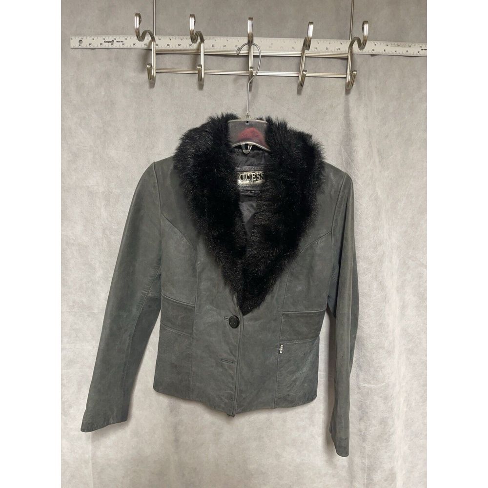 VTG GUESS Jacket Women S Distressed Leather Moto‎ Biker Y2K Penny Lane Faux Fur